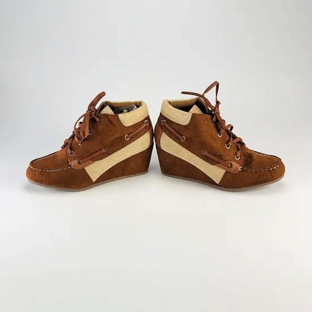 Camel Bamboo Ankle Wedge Booties  Size 5.5 - Vegan Leather Boots